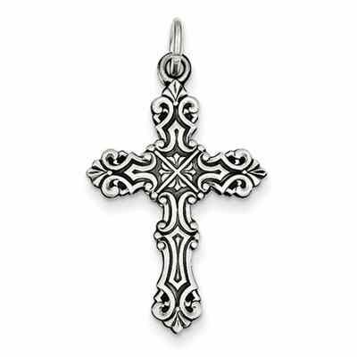 Baroque-Style Scrollwork Cross Necklace, Sterling Silver -  - QGCR-QC3360