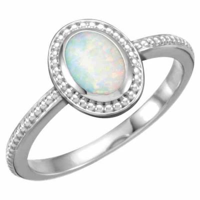Beaded Opal Cabochon Ring in 14K White Gold -  - STLRG-71591OP