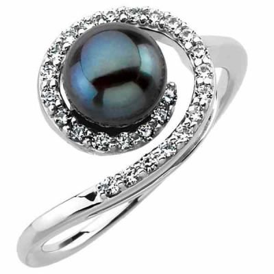 Black Akoya Pearl and Diamond Swirl Ring -  - STLRG-6411