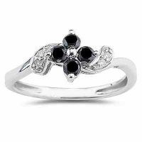 Black and White Diamond Flower Ring in 10K White Gold