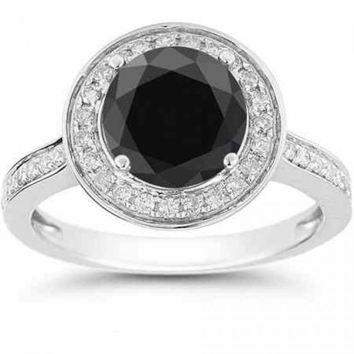 Rings : Black and White Diamond Halo Ring in 14K White Gold