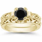 Black Diamond 1 Carat Lotus Flower Bridal Wedding Ring Set/Yellow Gold