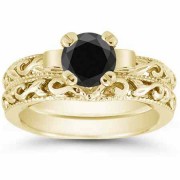 Black Diamond 1 Carat Lotus Flower Bridal Wedding Ring Set/Yellow Gold