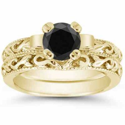 Black Diamond 1 Carat Lotus Flower Bridal Wedding Ring Set/Yellow Gold -  - EGR3900BLSSSETY