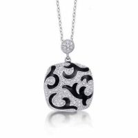 Black Enameled Diamond Pendant Necklace in Sterling Silver