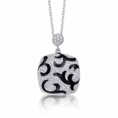 Black Enameled Diamond Pendant Necklace in Sterling Silver -  - MK-NA1459AD