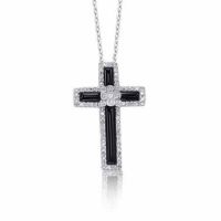 Black Onyx and Diamond Cross Necklace in Sterling Silver