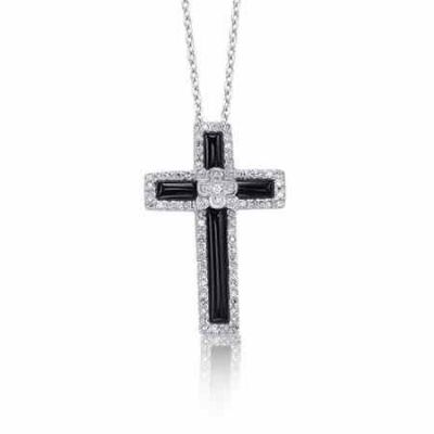Black Onyx and Diamond Cross Necklace in Sterling Silver -  - MK-PB2636AOND