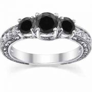 Black/White 3-Stone Vintage-Style Diamond Engagement Ring, White Gold