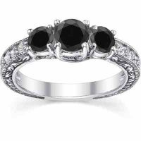 Black/White 3-Stone Vintage-Style Diamond Engagement Ring, White Gold