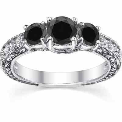 Black/White 3-Stone Vintage-Style Diamond Engagement Ring, White Gold -  - QDR-6-BLK