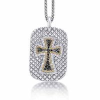 Black/White Diamond Cross Dog Tag Necklace with 18K Gold Sterling