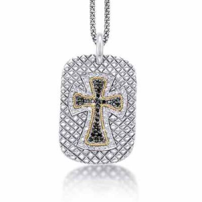 Black/White Diamond Cross Dog Tag Necklace with 18K Gold Sterling -  - MK-138KP000200M1