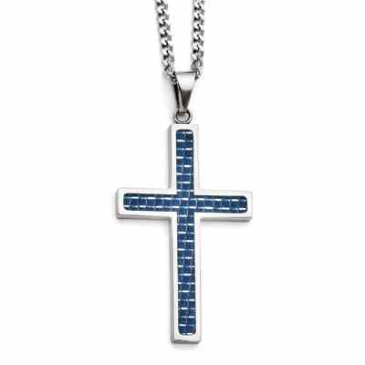 Blue Carbon Fiber Cross Necklace in Stainless Steel -  - QGPD-SRN1302