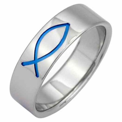 Blue Ichthus Titanium Wedding Band -  - TI-CR1