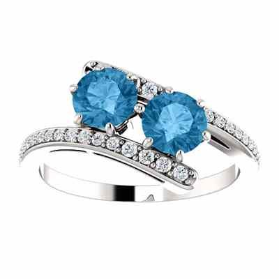 Blue Topaz 2 Stone and Diamond Ring in 14K White Gold -  - STLRG-122927BTDW