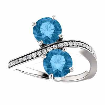 Blue Topaz and Diamond Two Stone Ring in 14K White Gold -  - STLRG-71779BTDW