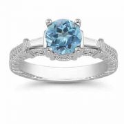 Blue Topaz and Diamond Engraved Engagement Ring, 14K White Gold