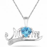 Blue Topaz and Diamond MOM Necklace, 10K White Gold