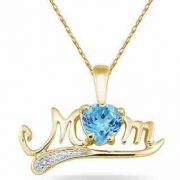 Blue Topaz and Diamond MOM Necklace, 10K Yellow Gold