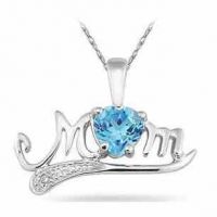 Blue Topaz and Diamond Mom Pendant in .925 Sterling Silver
