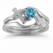 Blue Topaz Christian Cross Wedding Ring Bridal Set, 14K White Gold
