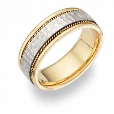 Brushed Hammered Wedding Band in 14K Two-Tone Gold -  - 134-14