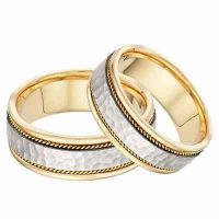Brushed Hammered Wedding Band Set in 14K Two-Tone Gold