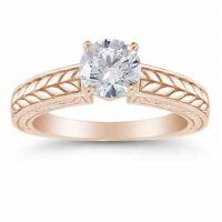 Carved Leaf 0.75 Carat Diamond Engagement Ring in 14K Rose Gold