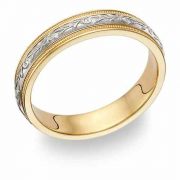 Carved Paisley Wedding Band Ring, 14K Two-Tone Gold