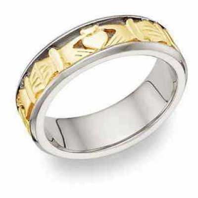 Celtic Claddagh Wedding Band Ring -  14 Karat Two-Tone Gold -  - Claddagh-WY