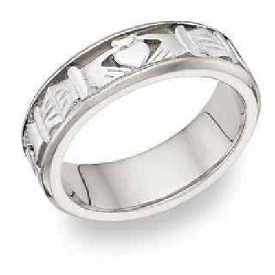 Celtic Claddagh Wedding Band Ring - 14K White Gold -  - Claddagh-W