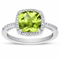 Checkerboard Cushion-Cut Peridot and Diamond Ring in Sterling Silver