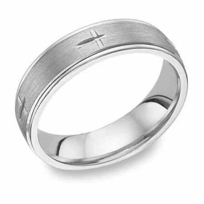 Etched Cross Wedding Band Ring in 14 Karat White Gold -  - WB-405W