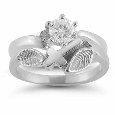 Christian Cross Diamond Bridal Wedding Ring Set in 14K White Gold -  - AOGEGR-3054W