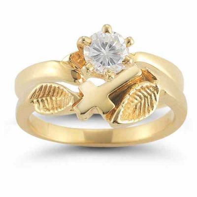 Christian Cross Diamond Bridal Wedding Ring Set in 14K Yellow Gold -  - AOGEGR-3054Y