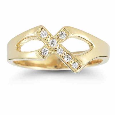 Christian Cross Diamond Ring in 14K Yellow Gold -  - AOGRG-3021Y