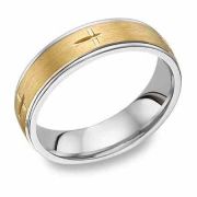 Christian Cross Etched Wedding Band Ring, 14K Two-Tone Gold