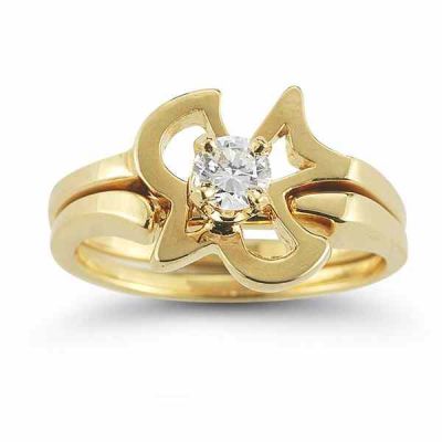 Christian Dove CZ Engagement and Wedding Ring Set in 14K Yellow Gold -  - AOGEGR-3051YCZ