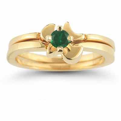 Christian Dove Emerald Engagement Ring Bridal Set, 14K Gold -  - AOGEGR-3014EMY