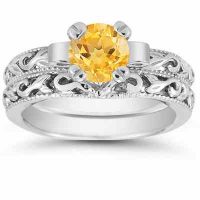 1 Carat Art Deco Citrine Bridal Ring Set, 14K White Gold