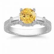 Citrine and Diamond Engraved Engagement Ring, 14K White Gold