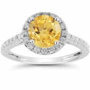 Citrine and Diamond Halo Gemstone Ring in 14K White Gold
