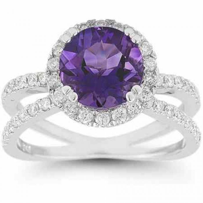 Rings : Criss-Cross Pave Amethyst and Diamond Halo Ring