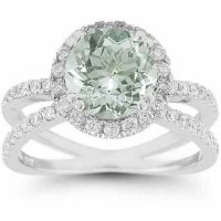 Criss-Cross Pave Diamond and Green Amethyst Halo Ring