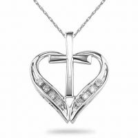 Cross and Heart Diamond Pendant, 14K White Gold