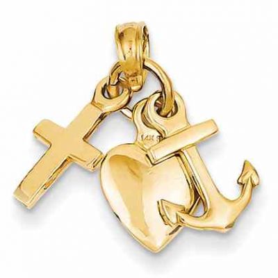 Cross, Heart, and Anchor Charm Pendant in 14K Gold -  - QG-D988