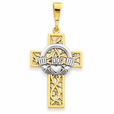Crown of Thorns Claddagh Cross Pendant, 14K Two-Tone Gold -  - QGCR-D1521