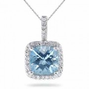 Cushion Cut Aquamarine and Diamond Pendant, 14K White Gold