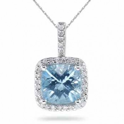 Cushion Cut Aquamarine and Diamond Pendant, 14K White Gold -  - SK-GDP-1